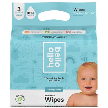 Hello Bello - Baby Wipes, Biodegradable, Hypoallergenic (99% Water) 180 count