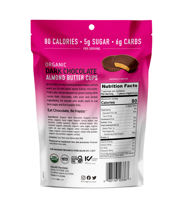 ChocXO - Almond Butter Cups, Dark Chocolate, 56% Cacao, Organic (gluten free) (pouch)